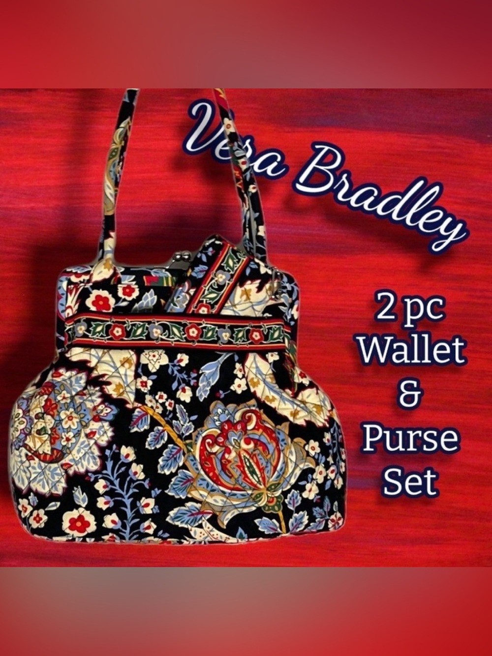 Vera Bradley Retired Versailles Alice Kiss Lock Shoulder Bag Wallet Set